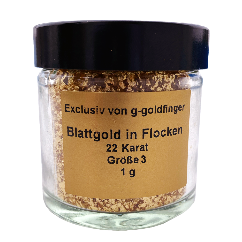 essbares Blattgold in Flocken Größe 3 Paillet, 22 Karat 1g im Glas